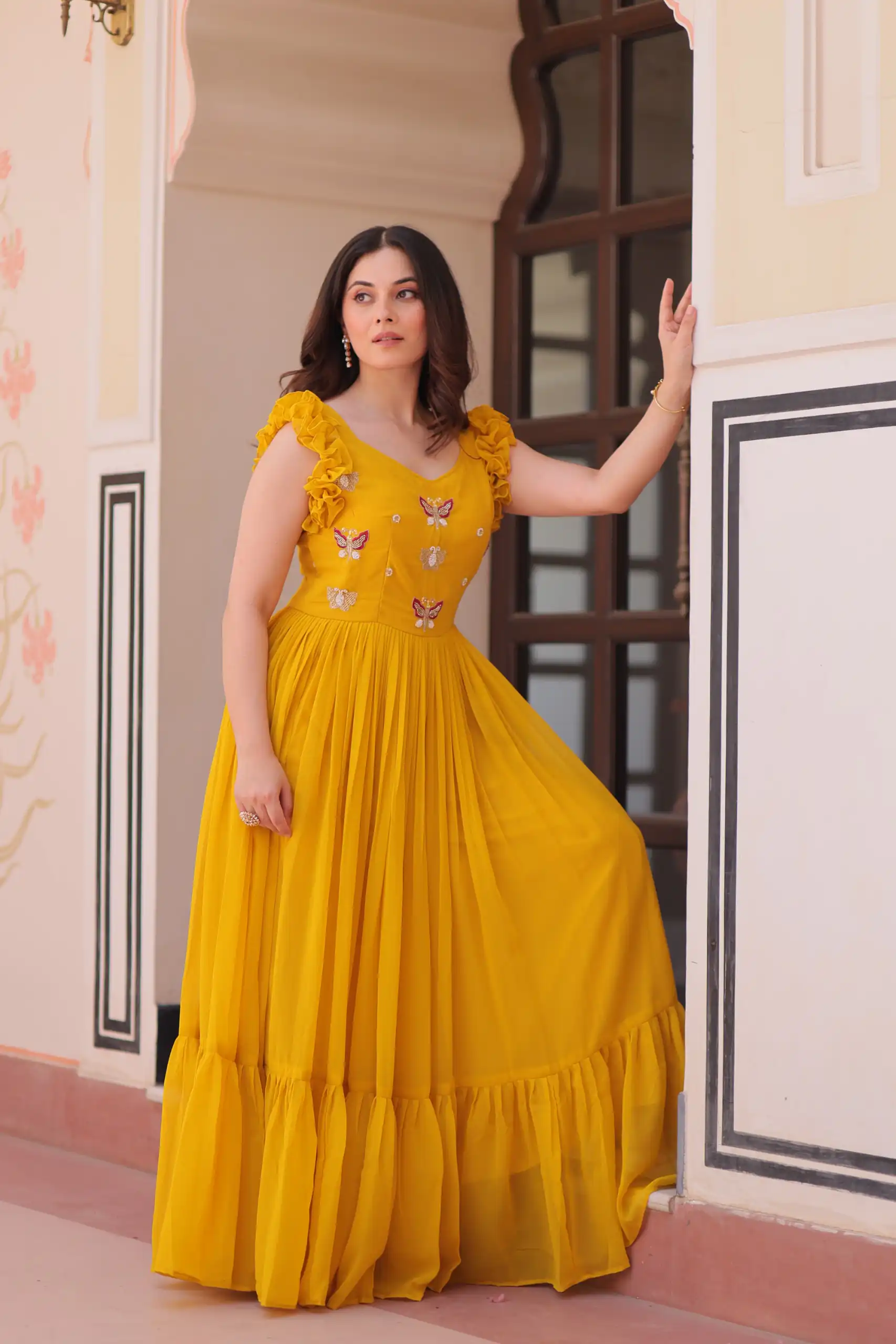 Yellow Faux Blooming Sequins Work Gown | Gowns, Bollywood Gowns, Creative Gowns, Designer Gowns, Embroidered Gowns, Party Wear Gowns