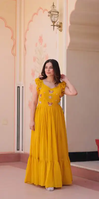 Yellow Faux Blooming Sequins Work Gown | Gowns, Bollywood Gowns, Creative Gowns, Designer Gowns, Embroidered Gowns, Party Wear Gowns