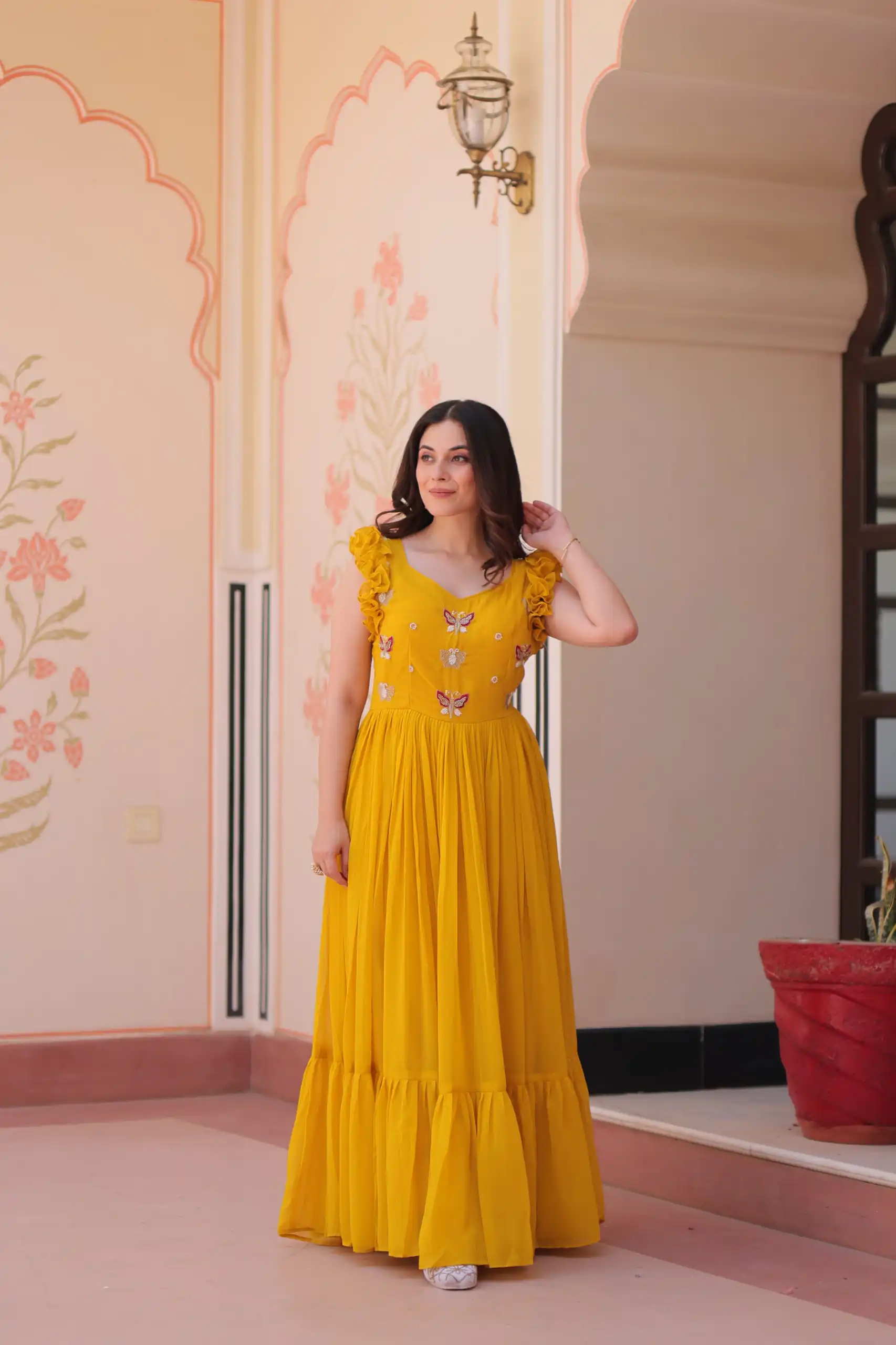 Yellow Faux Blooming Sequins Work Gown | Gowns, Bollywood Gowns, Creative Gowns, Designer Gowns, Embroidered Gowns, Party Wear Gowns