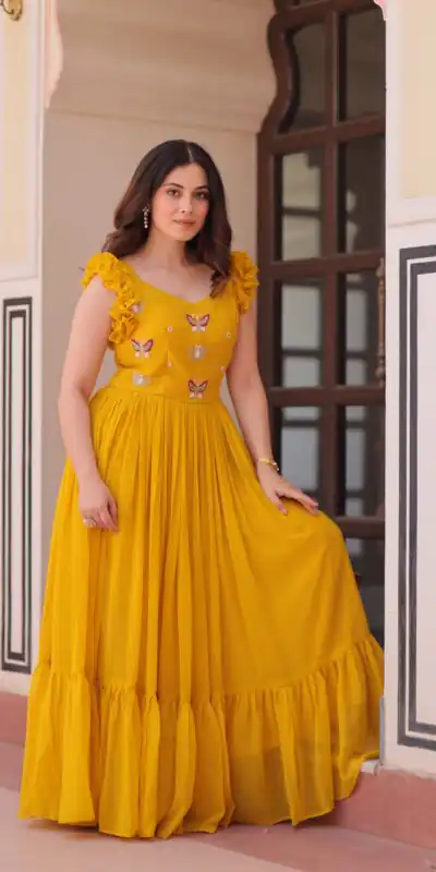 Yellow Faux Blooming Sequins Work Gown | Gowns, Bollywood Gowns, Creative Gowns, Designer Gowns, Embroidered Gowns, Party Wear Gowns
