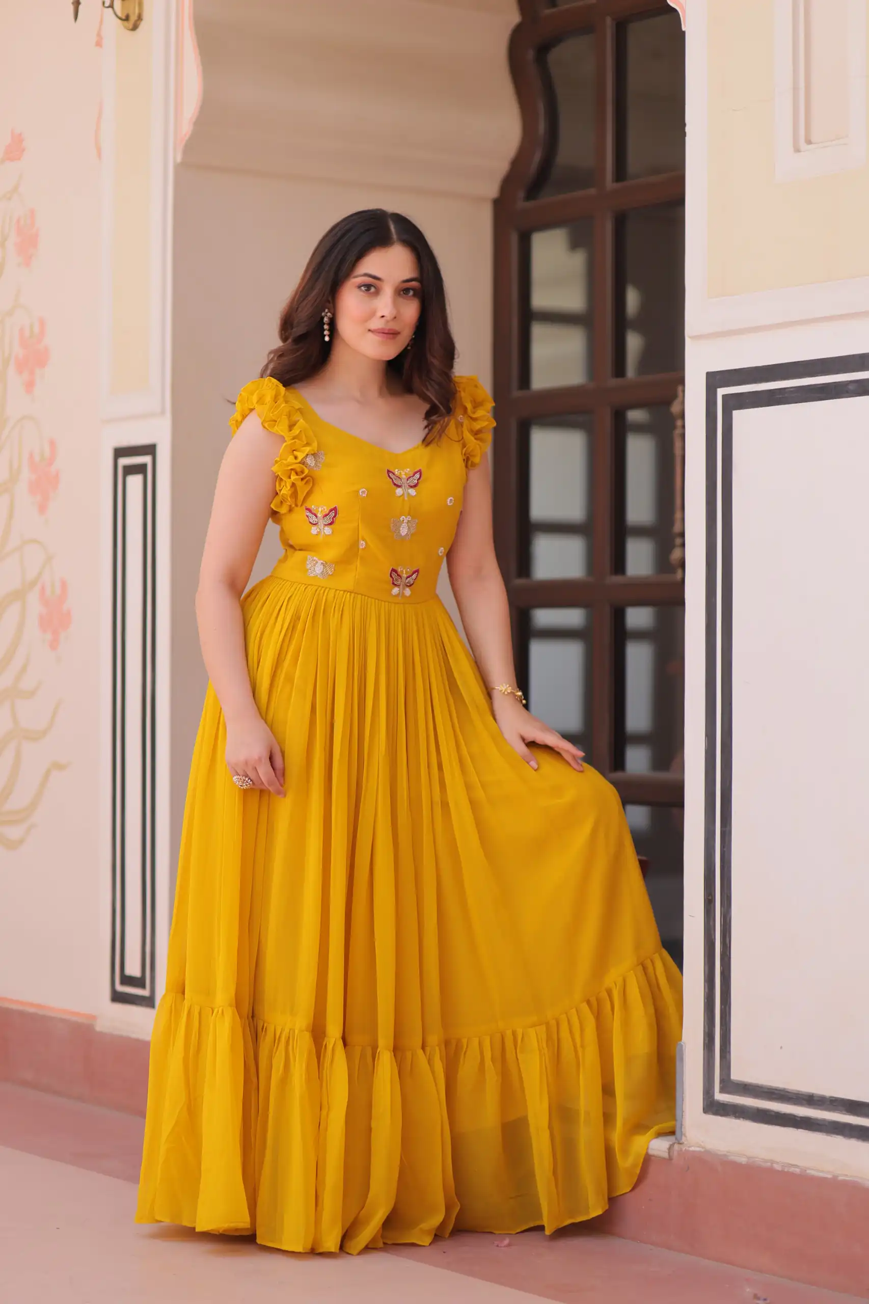 Yellow Faux Blooming Sequins Work Gown | Gowns, Bollywood Gowns, Creative Gowns, Designer Gowns, Embroidered Gowns, Party Wear Gowns
