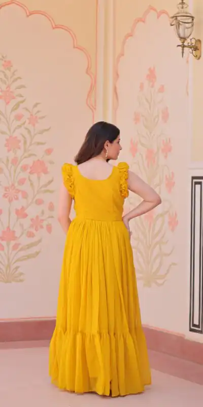 Yellow Faux Blooming Sequins Work Gown | Gowns, Bollywood Gowns, Creative Gowns, Designer Gowns, Embroidered Gowns, Party Wear Gowns