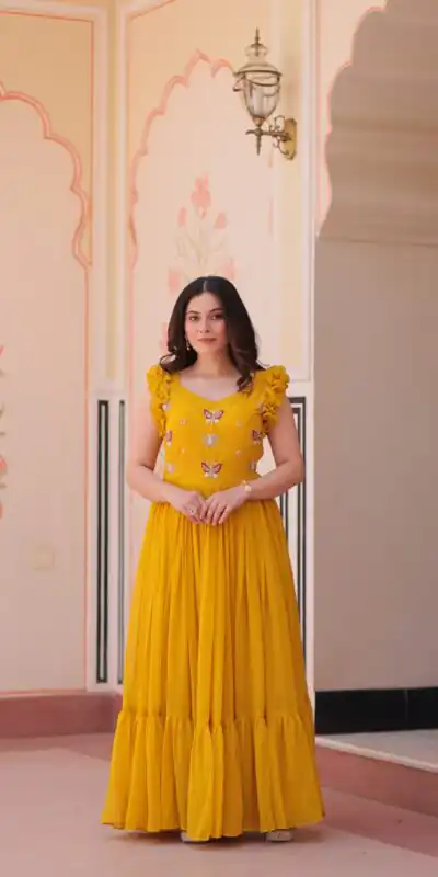 Yellow Faux Blooming Sequins Work Gown | Gowns, Bollywood Gowns, Creative Gowns, Designer Gowns, Embroidered Gowns, Party Wear Gowns