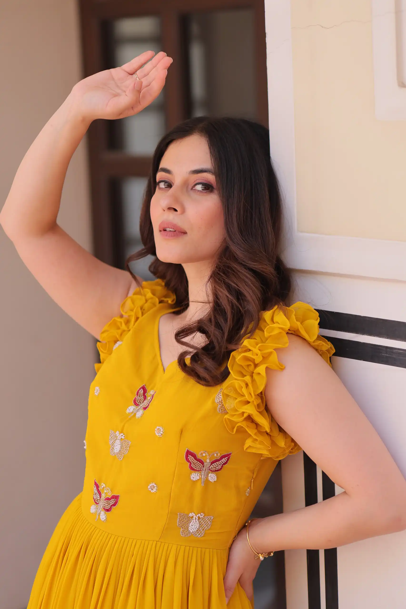 Yellow Faux Blooming Sequins Work Gown | Gowns, Bollywood Gowns, Creative Gowns, Designer Gowns, Embroidered Gowns, Party Wear Gowns