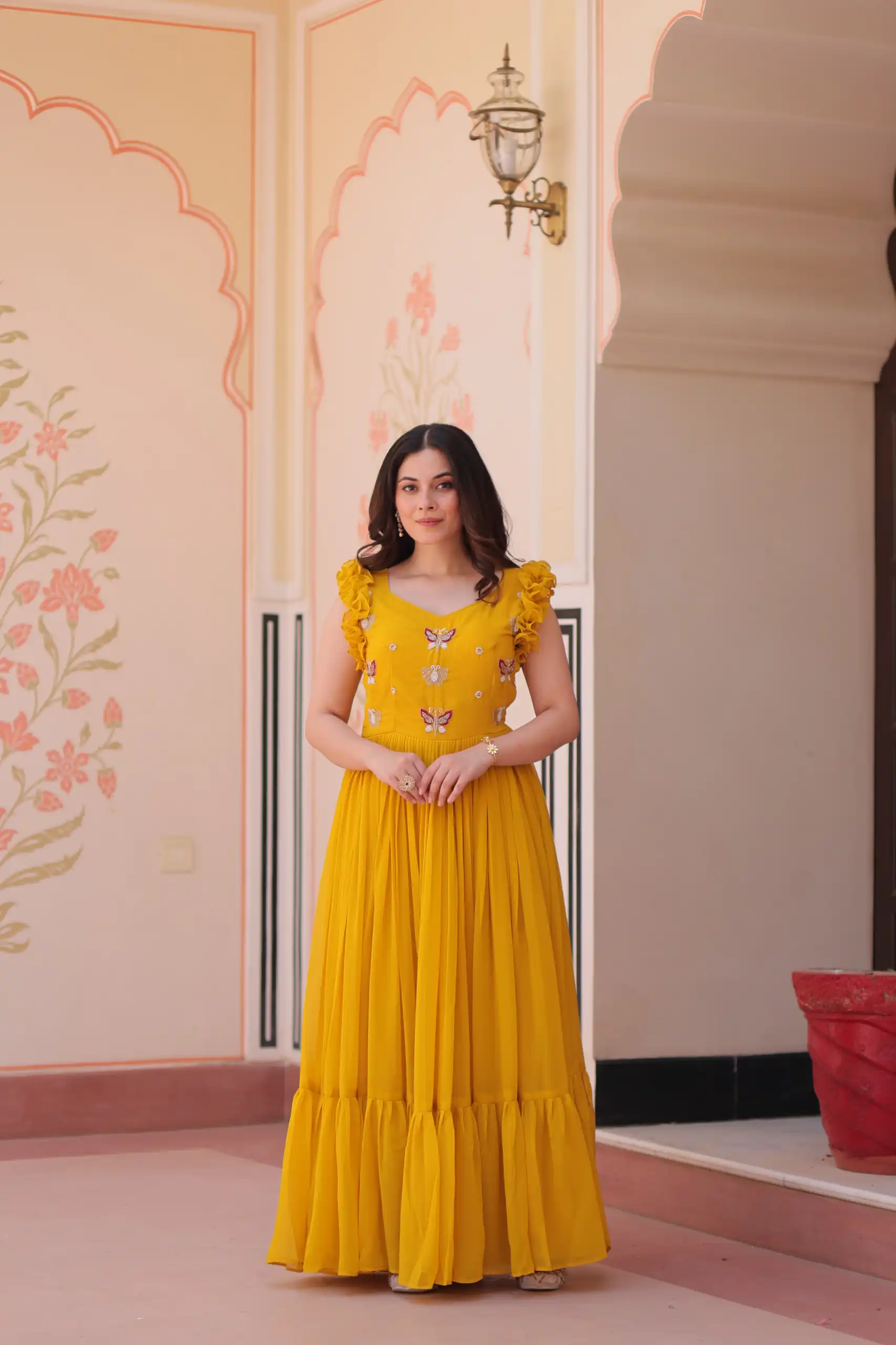Yellow Faux Blooming Sequins Work Gown | Gowns, Bollywood Gowns, Creative Gowns, Designer Gowns, Embroidered Gowns, Party Wear Gowns