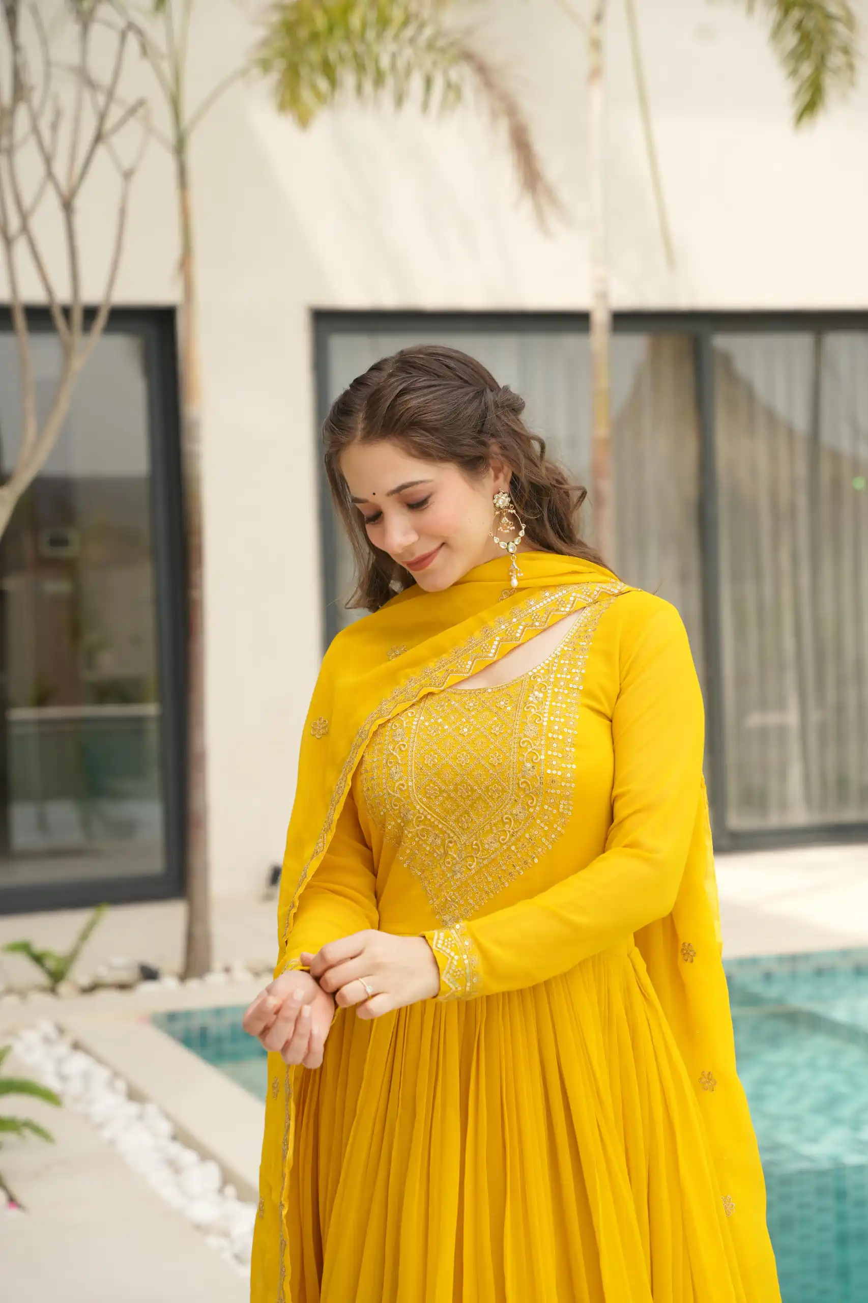 Yellow Faux Blooming Sequins Zari Gown | Gowns, Bollywood Gowns, Creative Gowns, Designer Gowns, Embroidered Gowns, Party Wear Gowns