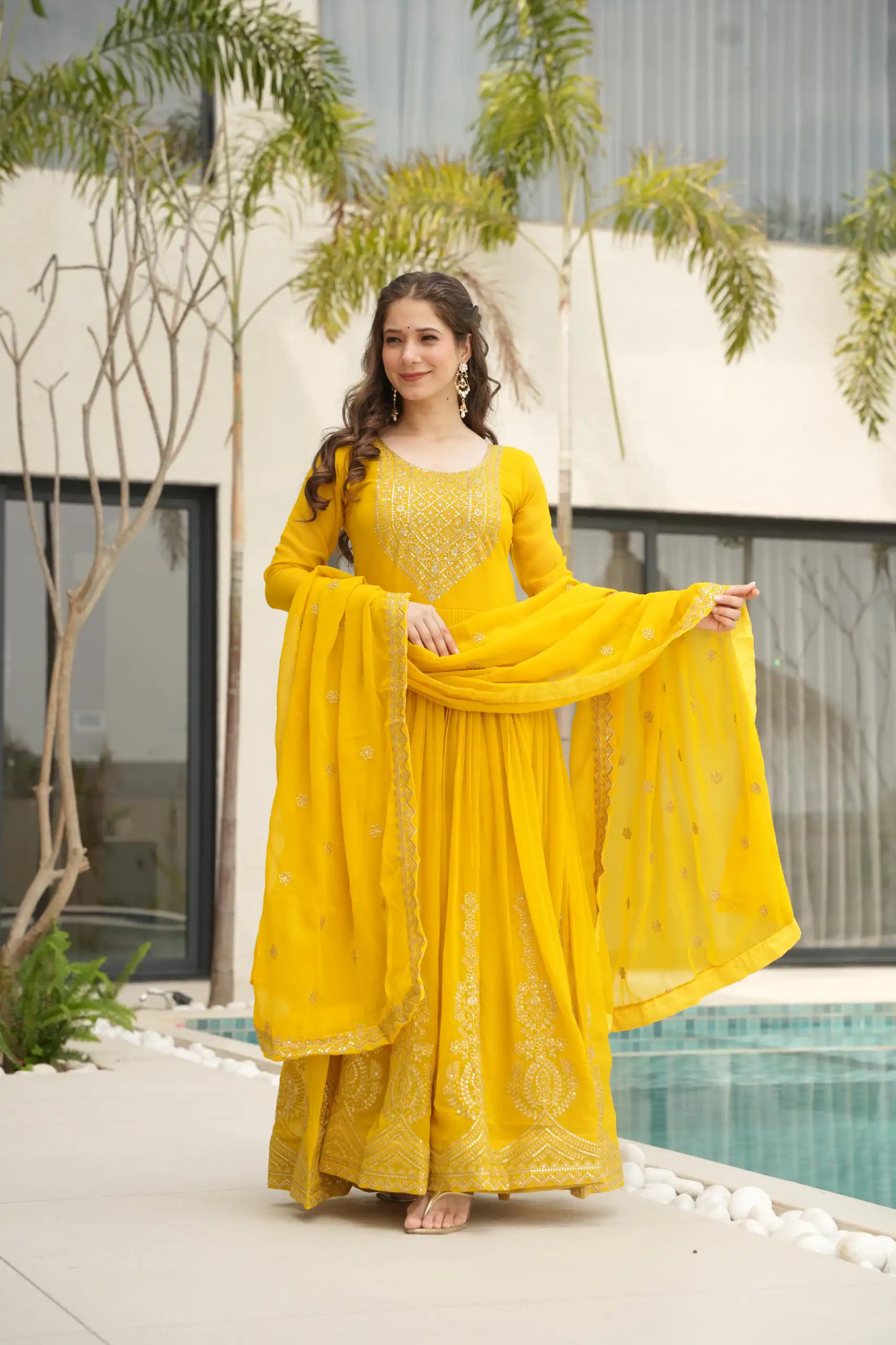 Yellow Faux Blooming Sequins Zari Gown | Gowns, Bollywood Gowns, Creative Gowns, Designer Gowns, Embroidered Gowns, Party Wear Gowns