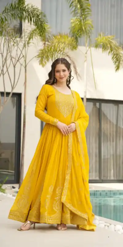 Yellow Faux Blooming Sequins Zari Gown | Gowns, Bollywood Gowns, Creative Gowns, Designer Gowns, Embroidered Gowns, Party Wear Gowns