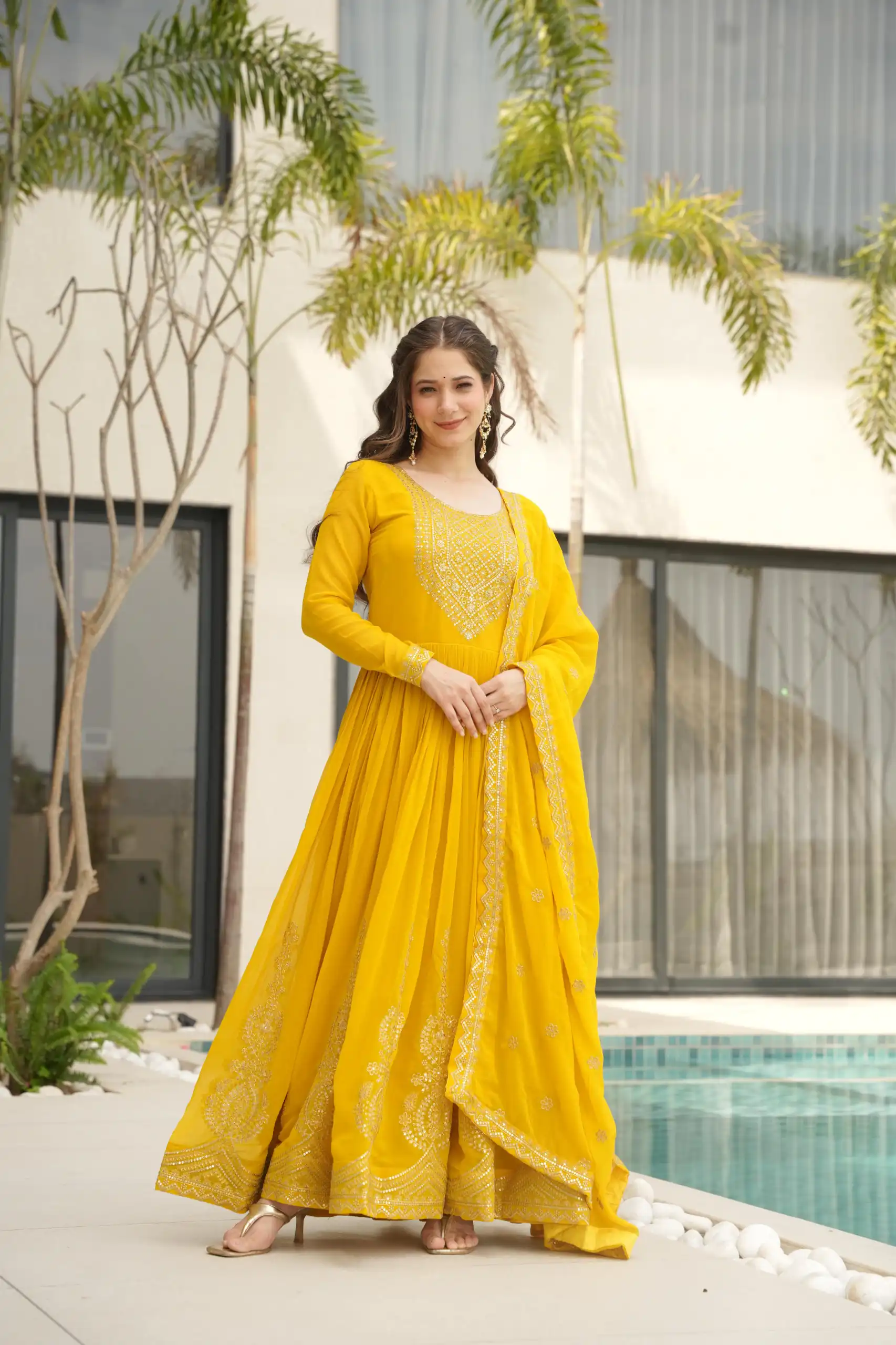 Yellow Faux Blooming Sequins Zari Gown | Gowns, Bollywood Gowns, Creative Gowns, Designer Gowns, Embroidered Gowns, Party Wear Gowns