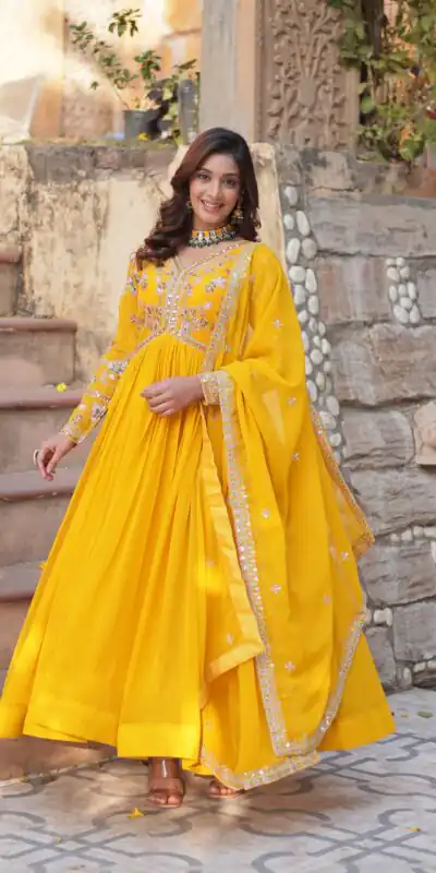 Yellow Faux Blooming Sequins Zari Work Gown | Gowns, Bollywood Gowns, Creative Gowns, Designer Gowns, Embroidered Gowns, Party Wear Gowns