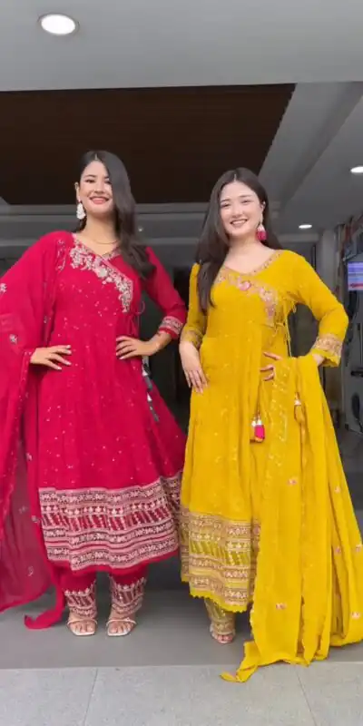 Yellow Faux Georgette Embroidery Work Salwar Suit | Jump Suits, Tops & Bottoms, Track Suits, Salwar suit, Casual Suits, Creative suits, Designer Suits, Palazzo Suits, Party Wear Suits, Patiala Suits, Straight Suits, Trendy Wear