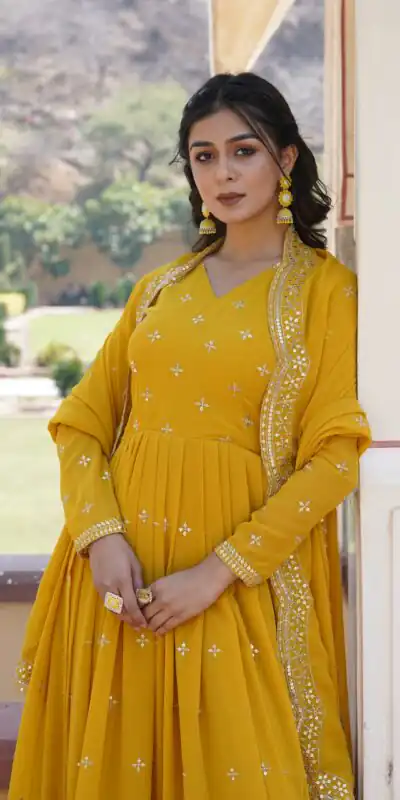 Yellow Faux Georgette Embroidery Zari Work Gown | Gowns, Bollywood Gowns, Creative Gowns, Designer Gowns, Embroidered Gowns, Party Wear Gowns