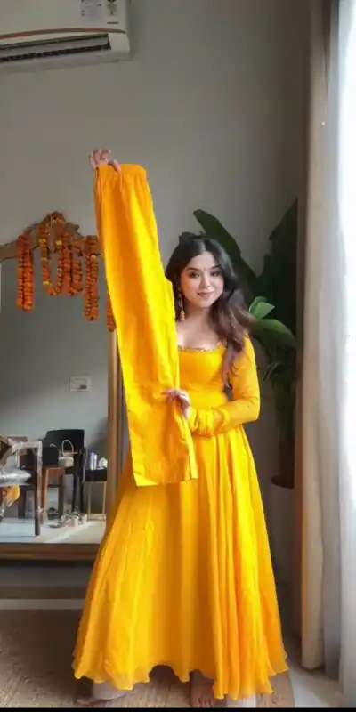 Yellow Faux Georgette Lace Work Gown | Gowns, Bollywood Gowns, Creative Gowns, Designer Gowns, Embroidered Gowns, Party Wear Gowns