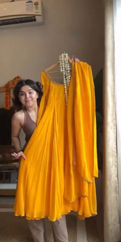 Yellow Faux Georgette Lace Work Gown | Gowns, Bollywood Gowns, Creative Gowns, Designer Gowns, Embroidered Gowns, Party Wear Gowns