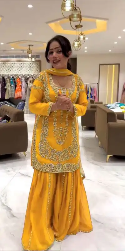 Yellow Faux Georgette Lace Work Salwar Suit | Jump Suits, Salwar suit, Casual Suits, Creative suits, Designer Suits, Palazzo Suits, Party Wear Suits, Patiala Suits, Straight Suits