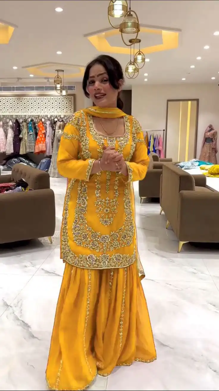 Yellow Faux Georgette Lace Work Salwar Suit | Jump Suits, Salwar suit, Casual Suits, Creative suits, Designer Suits, Palazzo Suits, Party Wear Suits, Patiala Suits, Straight Suits
