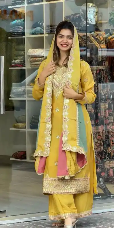 Yellow Faux Georgette With Embroidery Sequence Work Salwar Suit | Jump Suits, Salwar suit, Casual Suits, Creative suits, Designer Suits, Palazzo Suits, Party Wear Suits, Patiala Suits, Straight Suits