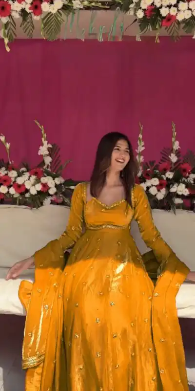 Yellow Fendy Silk Lace Work Gown | Gowns, Bollywood Gowns, Creative Gowns, Designer Gowns, Embroidered Gowns, Party Wear Gowns