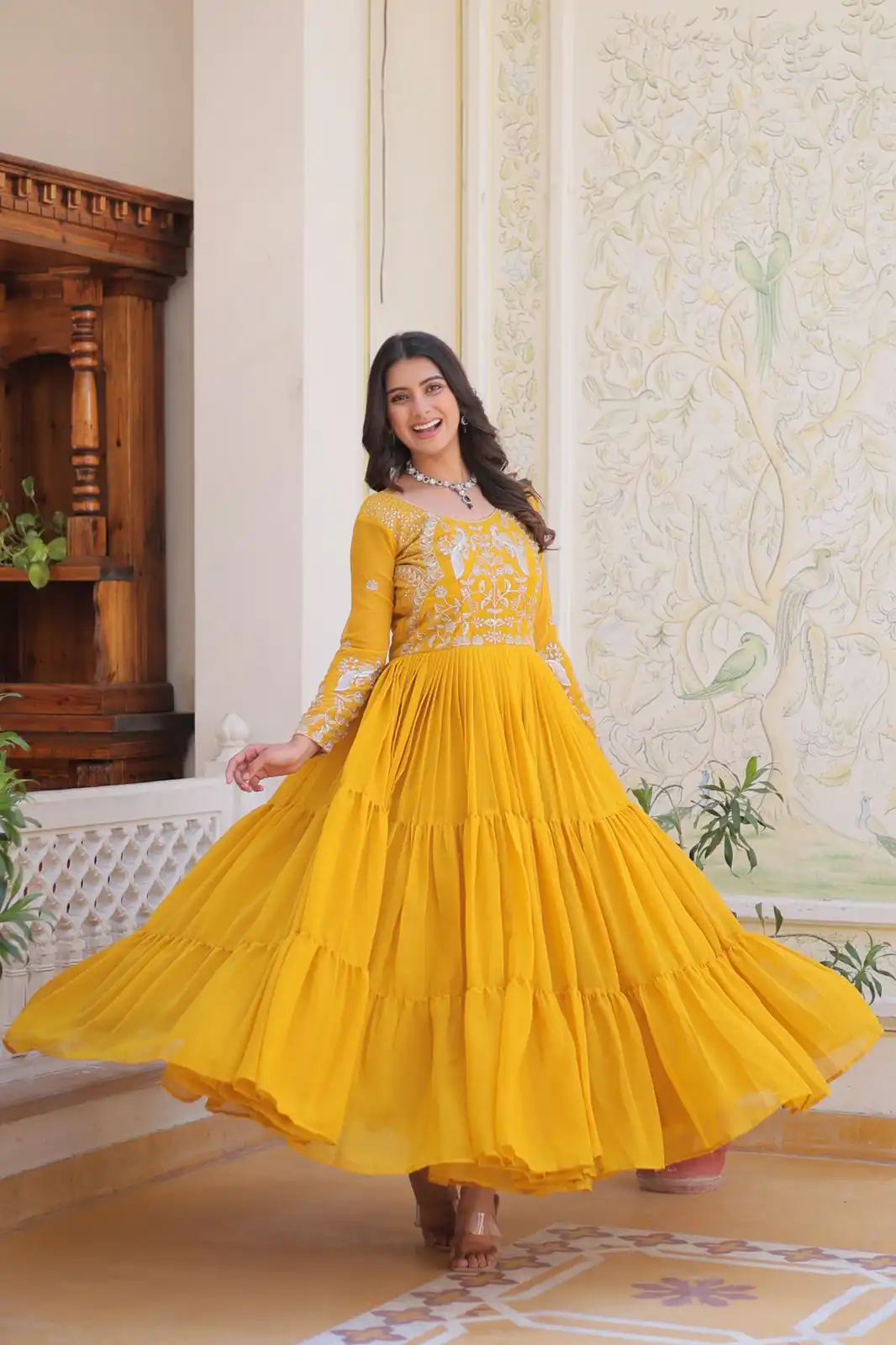 Yellow Fox Georgette Sequence Work Gown | Gowns, Bollywood Gowns, Creative Gowns, Designer Gowns, Embroidered Gowns, Party Wear Gowns