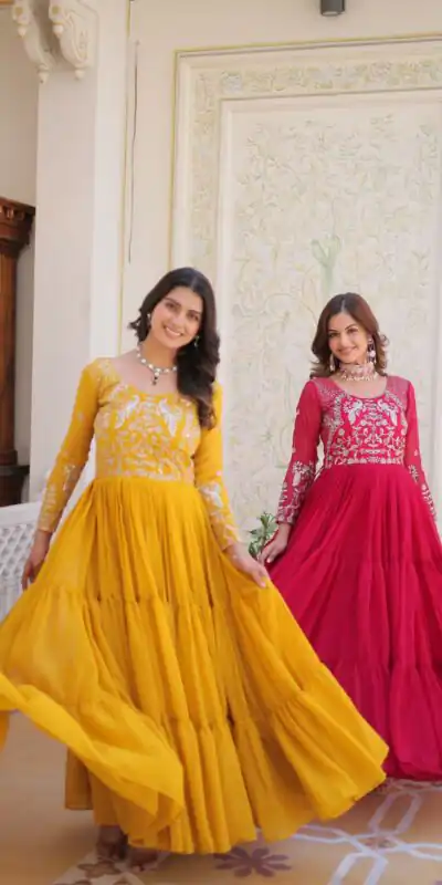 Yellow Fox Georgette Sequence Work Gown | Gowns, Bollywood Gowns, Creative Gowns, Designer Gowns, Embroidered Gowns, Party Wear Gowns