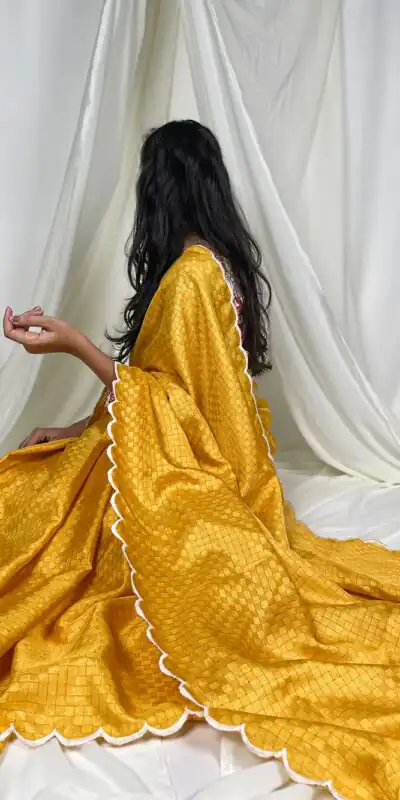 Yellow Gadwall Chex Arce Work Saree | Sarees, Bollywood Sarees, Creative Sarees, Designer Sarees, Embroidered Sarees, Ethnic Saree, Modern Digital sarees, Party Wear Sarees
