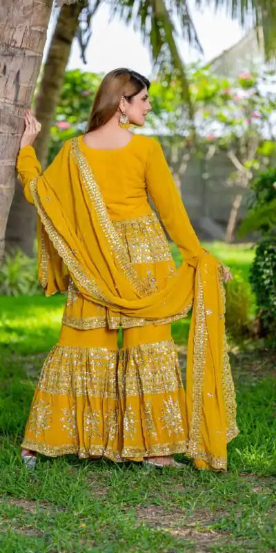 Yellow Georgette 7mm Sequence Work Salwar Suit | Jump Suits, Salwar suit, Casual Suits, Creative suits, Designer Suits, Palazzo Suits, Party Wear Suits, Patiala Suits, Straight Suits