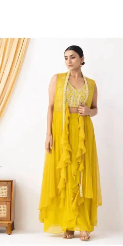 Yellow Georgette Beads Sequence Work Lace Dhoti Suit | Jump Suits, Salwar suit, Casual Suits, Creative suits, Designer Suits, Palazzo Suits, Party Wear Suits, Patiala Suits, Straight Suits