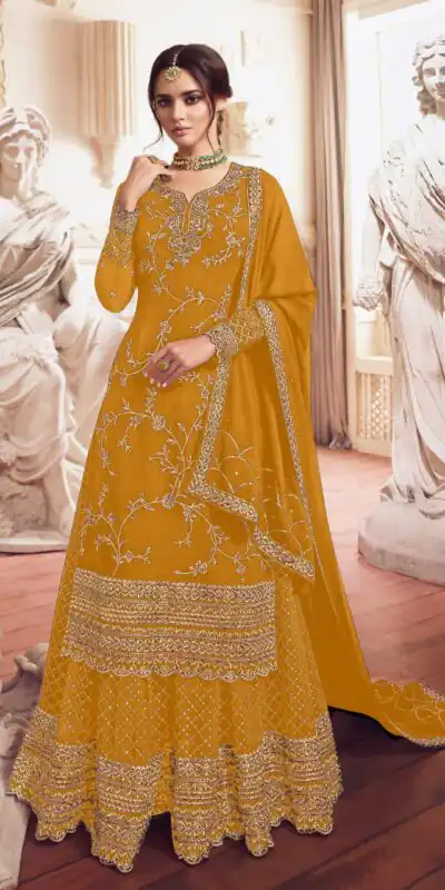 Yellow Georgette Embroidery Work Salwar Suit | Jump Suits, Salwar suit, Casual Suits, Creative suits, Designer Suits, Palazzo Suits, Party Wear Suits, Patiala Suits, Straight Suits