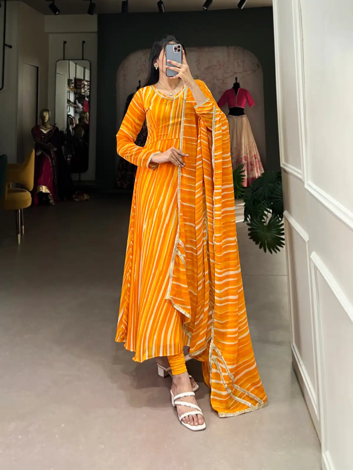 Yellow Georgette Leheriya Gown | Gowns, Bollywood Gowns, Creative Gowns, Designer Gowns, Embroidered Gowns, Party Wear Gowns