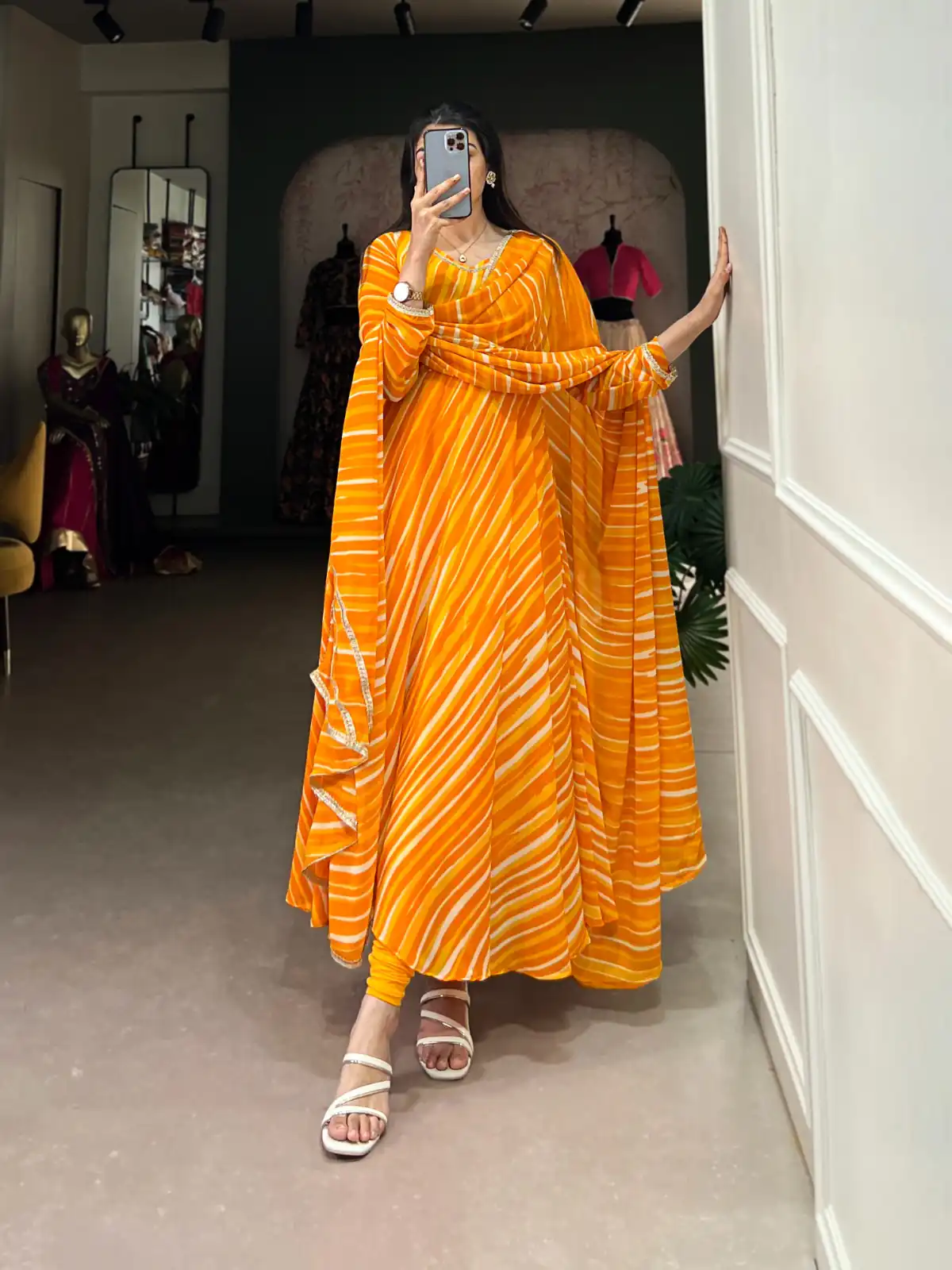 Yellow Georgette Leheriya Gown | Gowns, Bollywood Gowns, Creative Gowns, Designer Gowns, Embroidered Gowns, Party Wear Gowns