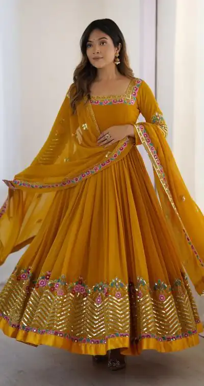 Yellow Georgette Multi Thread Work Gown | Jump Suits, Salwar suit, Casual Suits, Creative suits, Designer Suits, Palazzo Suits, Party Wear Suits, Patiala Suits, Straight Suits