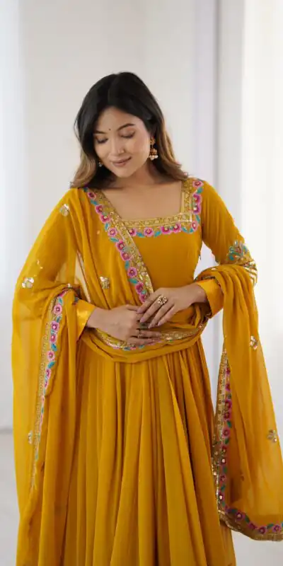 Yellow Georgette Multi Thread Work Gown | Jump Suits, Salwar suit, Casual Suits, Creative suits, Designer Suits, Palazzo Suits, Party Wear Suits, Patiala Suits, Straight Suits