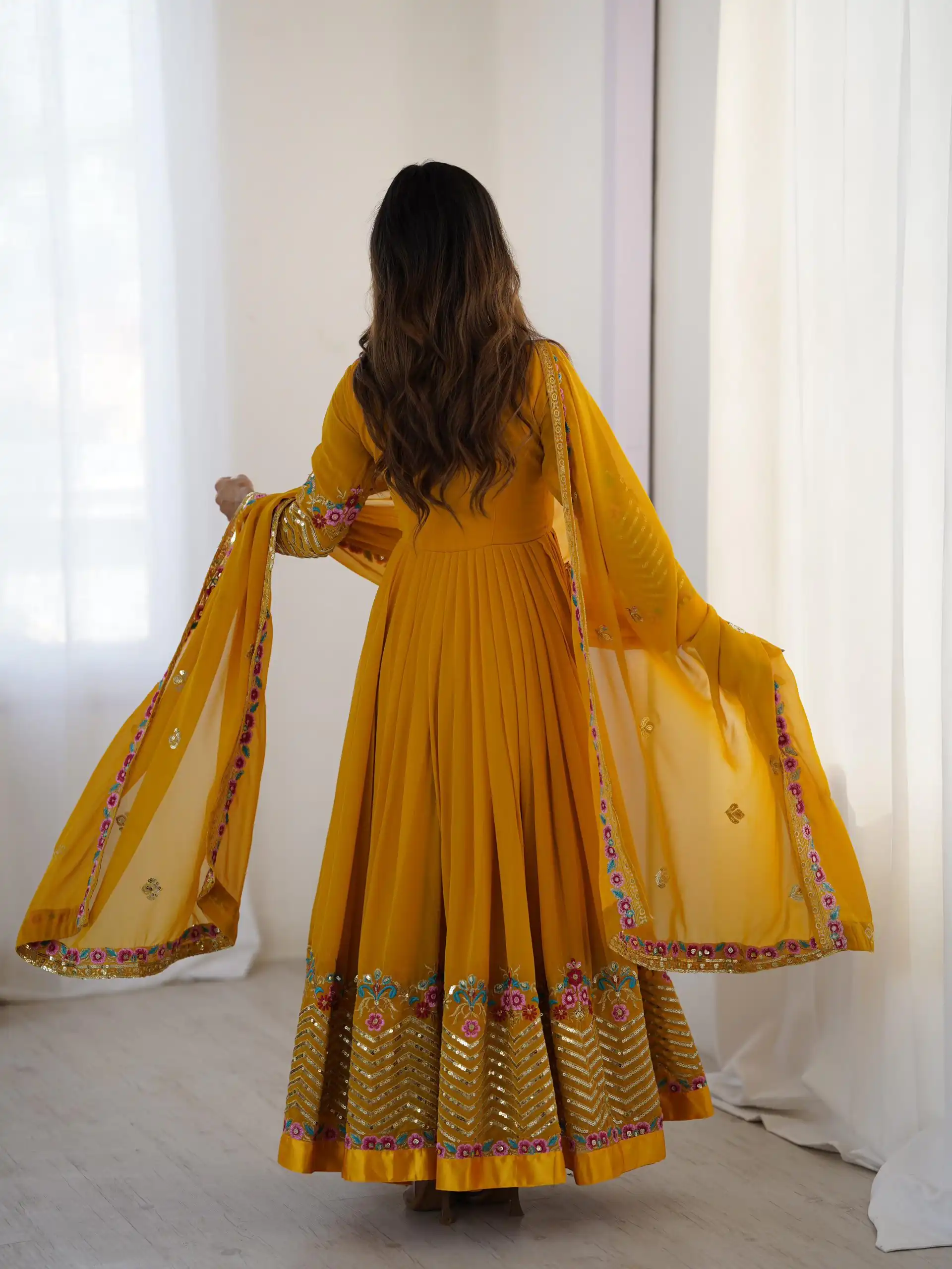 Yellow Georgette Multi Thread Work Gown | Jump Suits, Salwar suit, Casual Suits, Creative suits, Designer Suits, Palazzo Suits, Party Wear Suits, Patiala Suits, Straight Suits