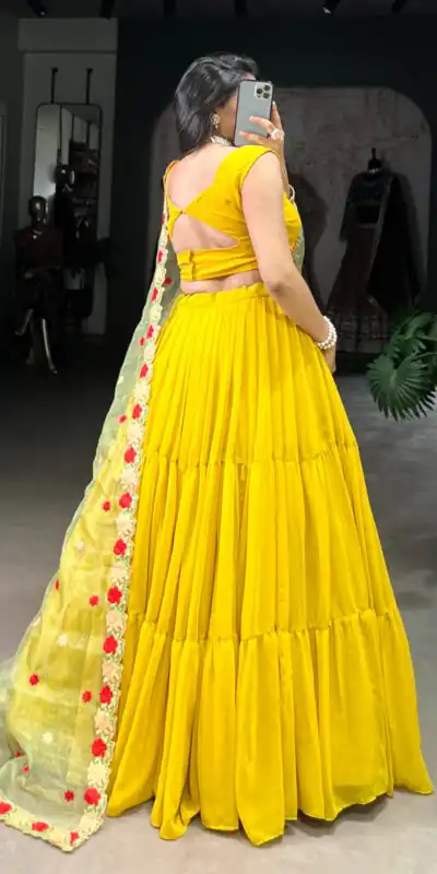 Yellow Georgette Plain Lehenga Choli | Lehenga, Bollywood Lehenga, Creative Lehenga, Designer Lehenga, Embroidered Lehenga, Party Wear Lehenga