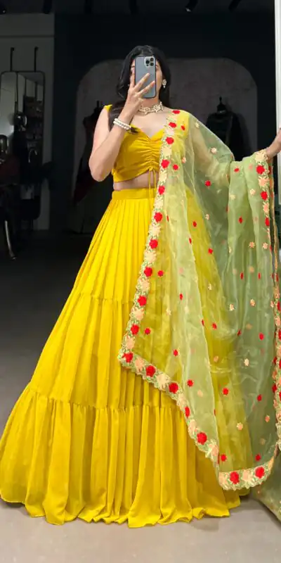 Yellow Georgette Plain Lehenga Choli | Lehenga, Bollywood Lehenga, Creative Lehenga, Designer Lehenga, Embroidered Lehenga, Party Wear Lehenga
