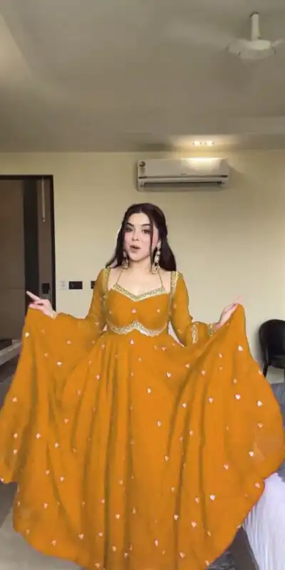 Yellow Georgette Sequence Gown | Gowns, Bollywood Gowns, Creative Gowns, Designer Gowns, Embroidered Gowns, Party Wear Gowns