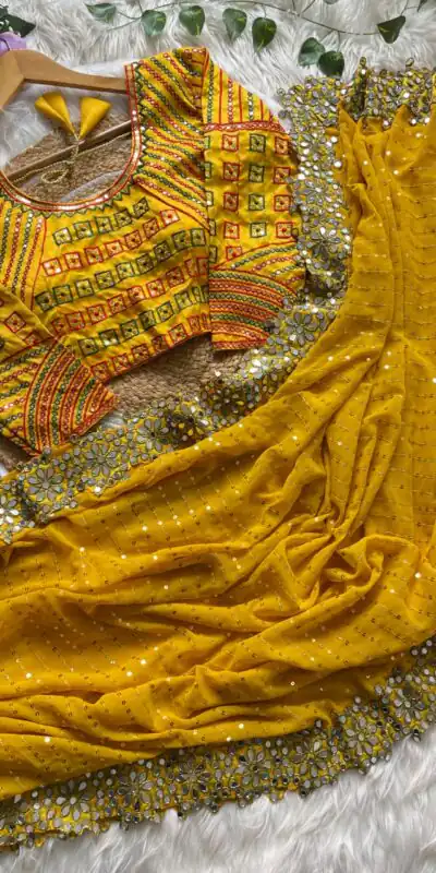 Yellow Georgette Sequence Print Saree | Sarees, Bollywood Sarees, Creative Sarees, Designer Sarees, Embroidered Sarees, Ethnic Saree, Modern Digital sarees, Party Wear Sarees