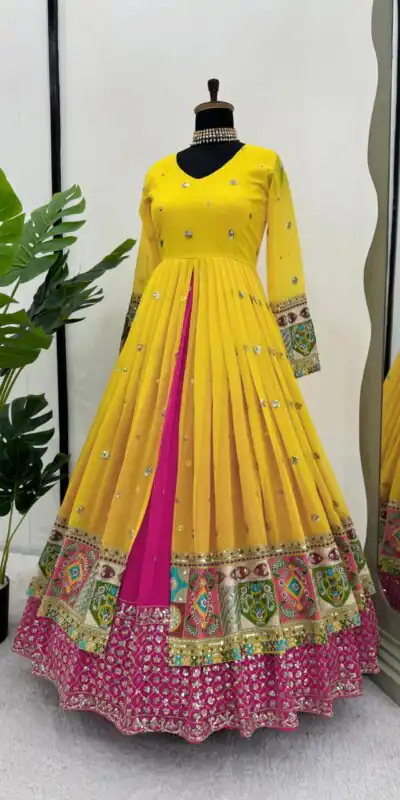 Yellow Georgette Thread Sequence Lehenga Choli | Lehenga, Bollywood Lehenga, Creative Lehenga, Designer Lehenga, Embroidered Lehenga, Party Wear Lehenga