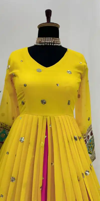 Yellow Georgette Thread Sequence Lehenga Choli | Lehenga, Bollywood Lehenga, Creative Lehenga, Designer Lehenga, Embroidered Lehenga, Party Wear Lehenga