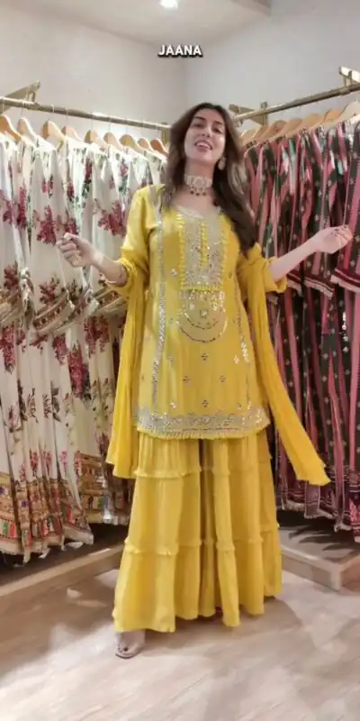 Yellow Georgette With Sequence Work Salwar Suit | Jump Suits, Salwar suit, Casual Suits, Creative suits, Designer Suits, Palazzo Suits, Party Wear Suits, Patiala Suits, Straight Suits