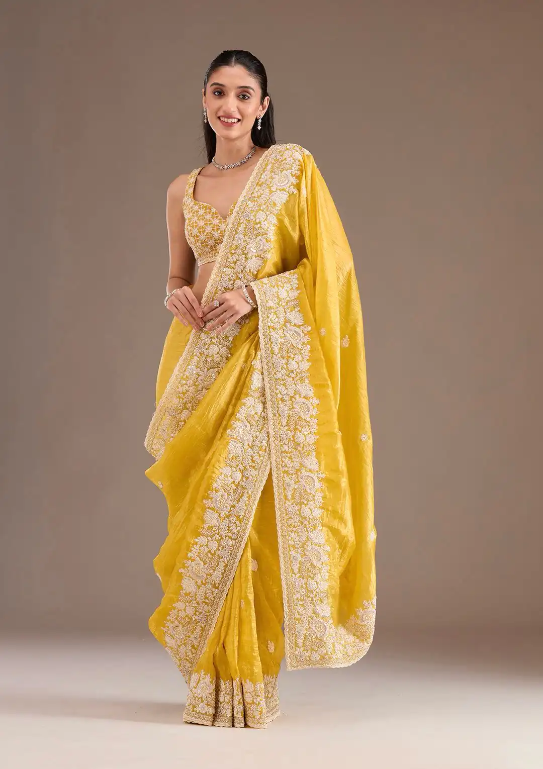 Yellow Gold Crush Sequins Work Border Saree | Sarees, Bollywood Sarees, Creative Sarees, Designer Sarees, Embroidered Sarees, Ethnic Saree, Modern Digital sarees, Party Wear Sarees
