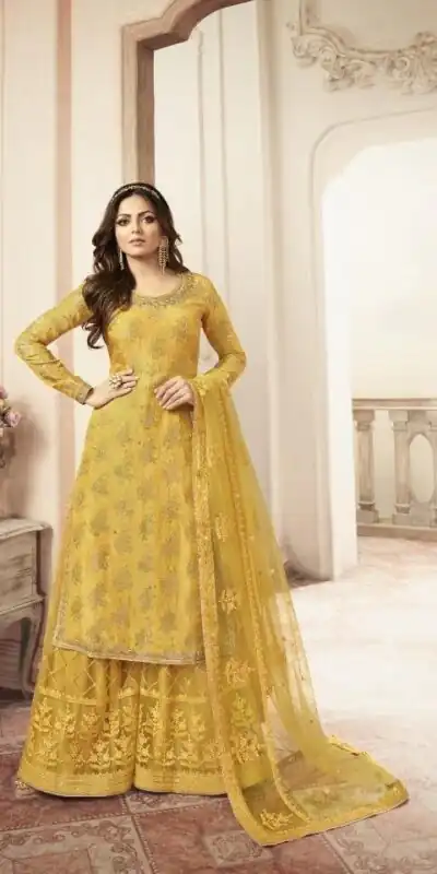 Yellow Jacquard Silk Georgette Diamond Sharara Suit | Jump Suits, Salwar suit, Casual Suits, Creative suits, Designer Suits, Palazzo Suits, Party Wear Suits, Patiala Suits, Straight Suits