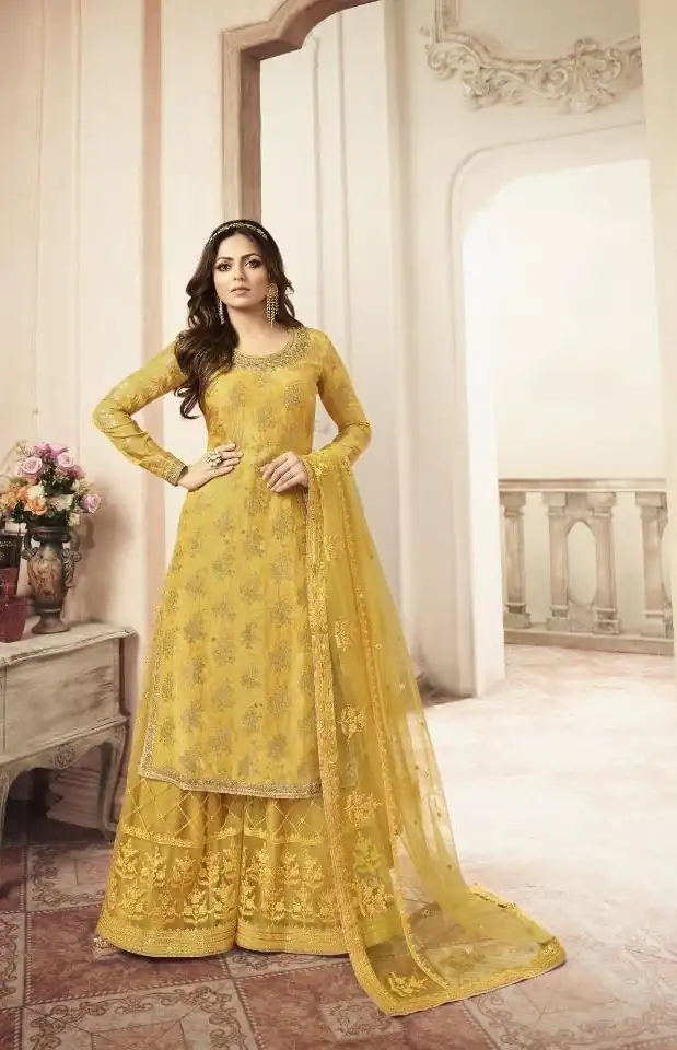Yellow Jacquard Silk Georgette Diamond Sharara Suit | Jump Suits, Salwar suit, Casual Suits, Creative suits, Designer Suits, Palazzo Suits, Party Wear Suits, Patiala Suits, Straight Suits