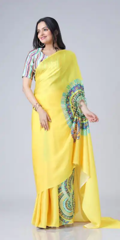 Yellow Japan Satin Digital Print Work Saree | Sarees, Bollywood Sarees, Creative Sarees, Designer Sarees, Embroidered Sarees, Ethnic Saree, Modern Digital sarees, Party Wear Sarees