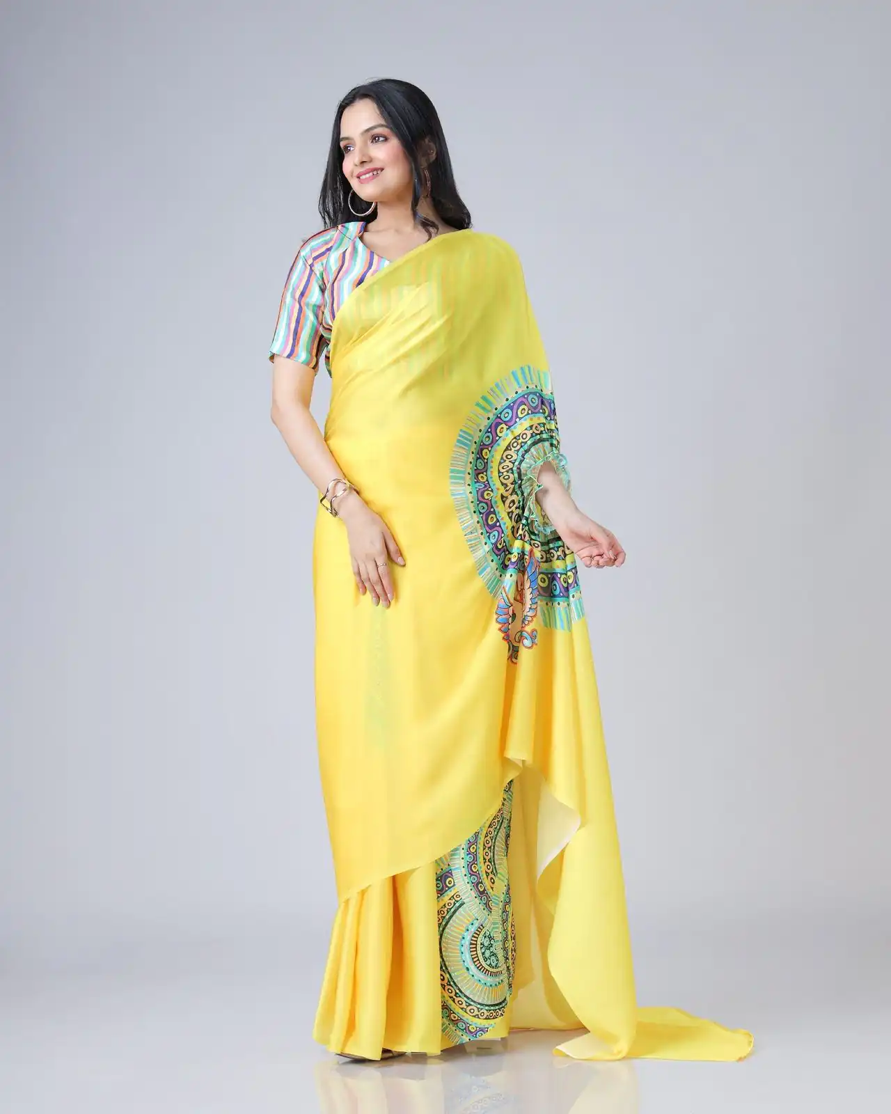 Yellow Japan Satin Digital Print Work Saree | Sarees, Bollywood Sarees, Creative Sarees, Designer Sarees, Embroidered Sarees, Ethnic Saree, Modern Digital sarees, Party Wear Sarees