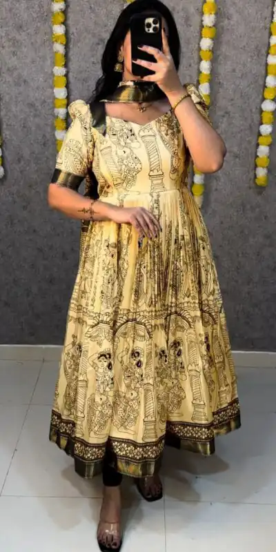 Yellow Malai Satin Digital Kalamkari Print Gown | Gowns, Bollywood Gowns, Creative Gowns, Designer Gowns, Embroidered Gowns, Party Wear Gowns