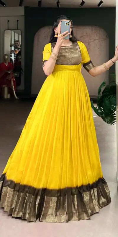 Yellow Mass Mello Zari Work Gown | Gowns, Bollywood Gowns, Creative Gowns, Designer Gowns, Embroidered Gowns, Party Wear Gowns