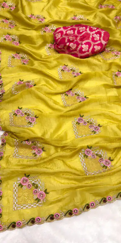 Yellow Paper Silk Crush With Embroider Saree | Sarees, Bollywood Sarees, Creative Sarees, Designer Sarees, Embroidered Sarees, Ethnic Saree, Modern Digital sarees, Party Wear Sarees