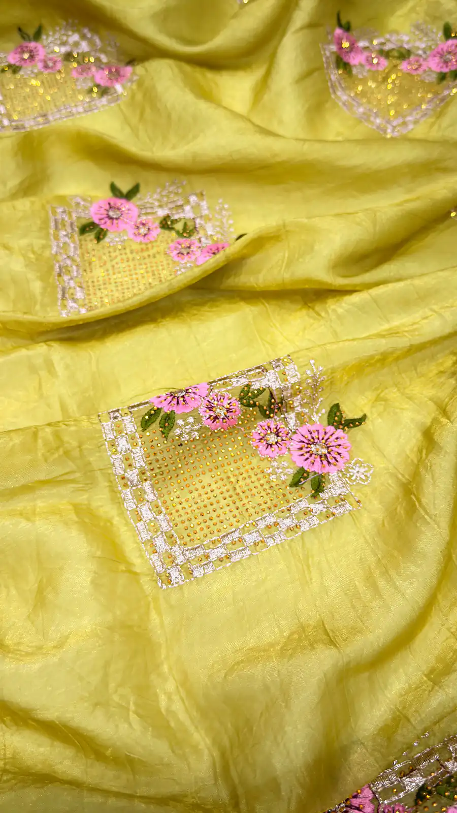 Yellow Paper Silk Crush With Embroider Saree | Sarees, Bollywood Sarees, Creative Sarees, Designer Sarees, Embroidered Sarees, Ethnic Saree, Modern Digital sarees, Party Wear Sarees