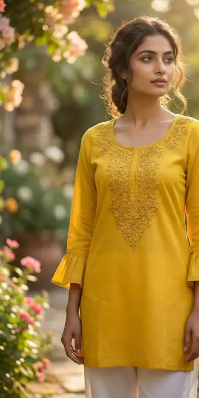 Yellow Rayon Chikan Work Kurti | Kurti, Bollywood Kurti, Creative Kurtis, Designer Kurti, Party Wear Kurti, Selfie Kurti